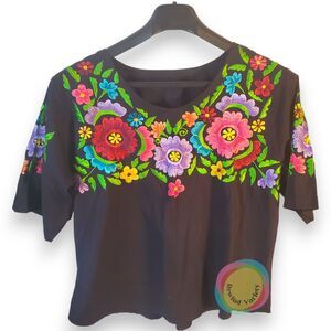 Black Mexican Embroidered Floral Peasant Blouse - Size L
